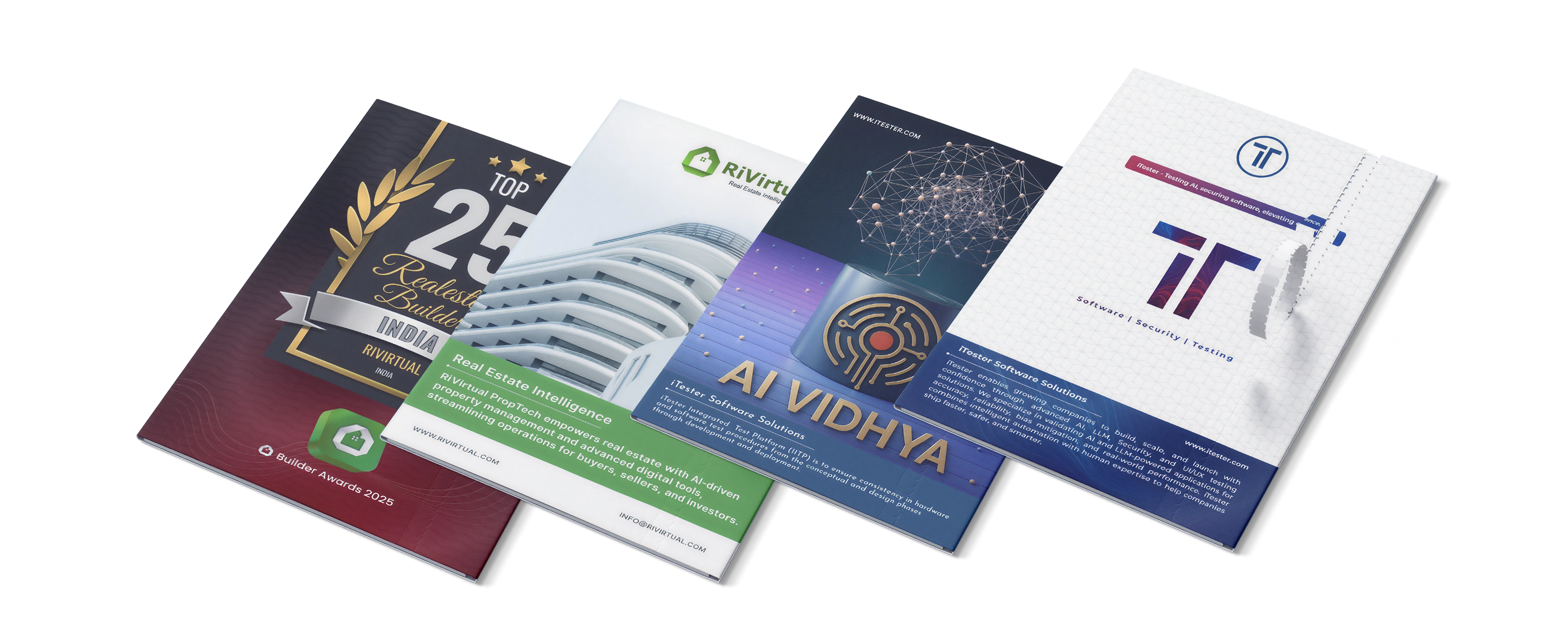 All brochures collection mockup — RiVirtual, Ai Vidhya, and iTester