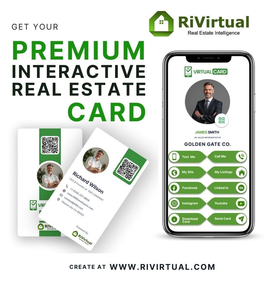 RiVirtual premium interactive real estate card — physical and mobile formats
