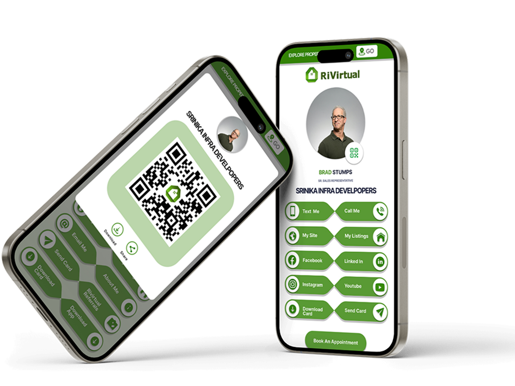 RiVirtual digital business card on mobile — profile, QR code, and one-tap CTAs