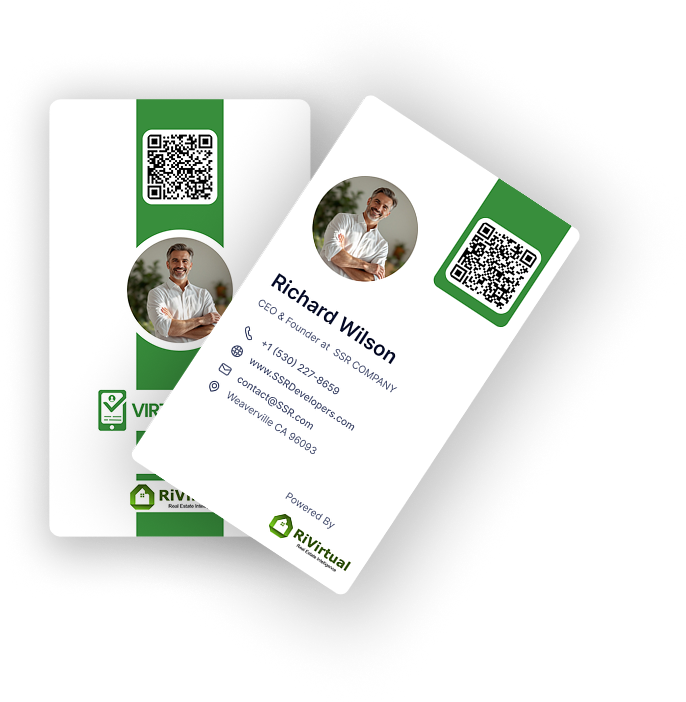 RiVirtual business card physical mockup — overlapping card design