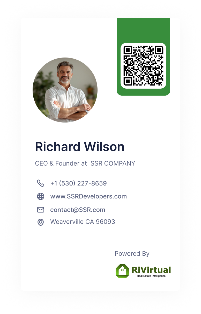 RiVirtual digital business card — profile, QR code, and contact layout