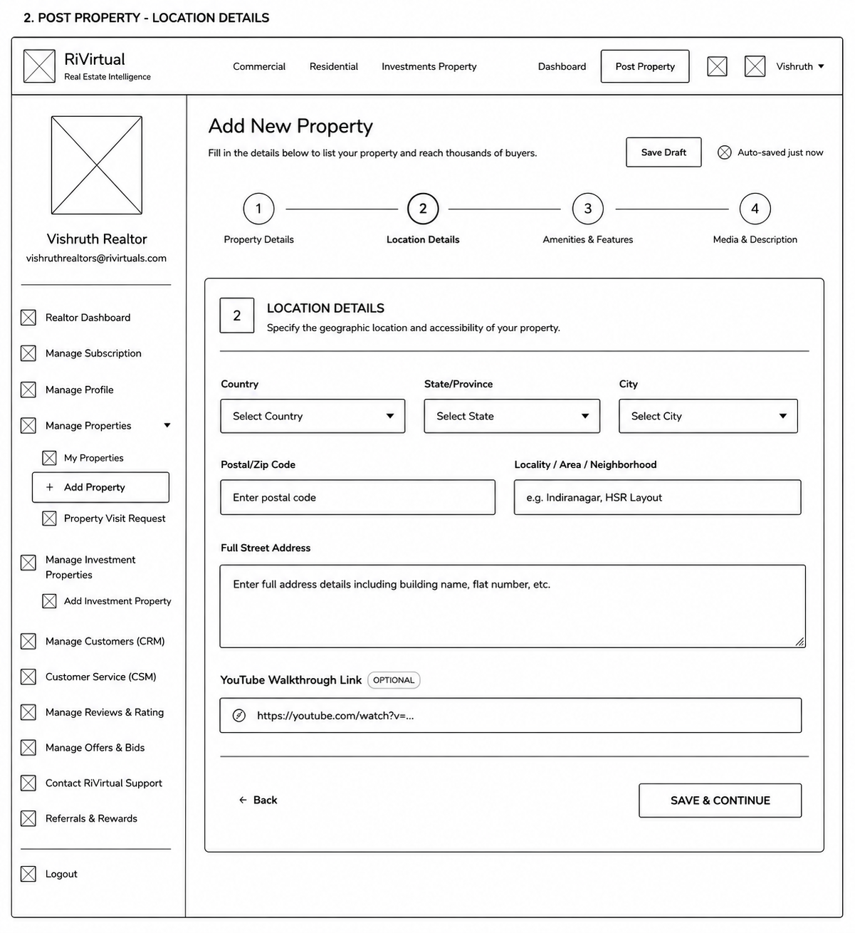 Property posting wireframe — location details