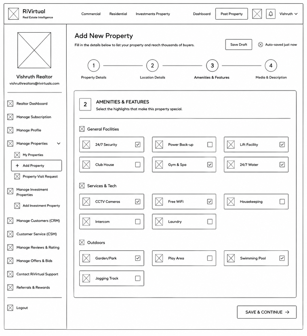 Property posting wireframe — amenities and features