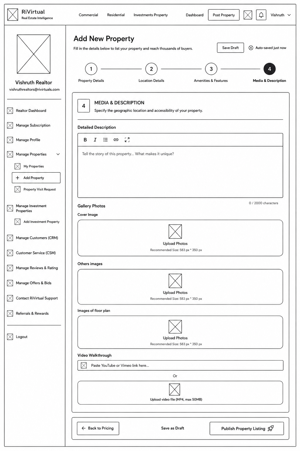Property posting wireframe — images and description